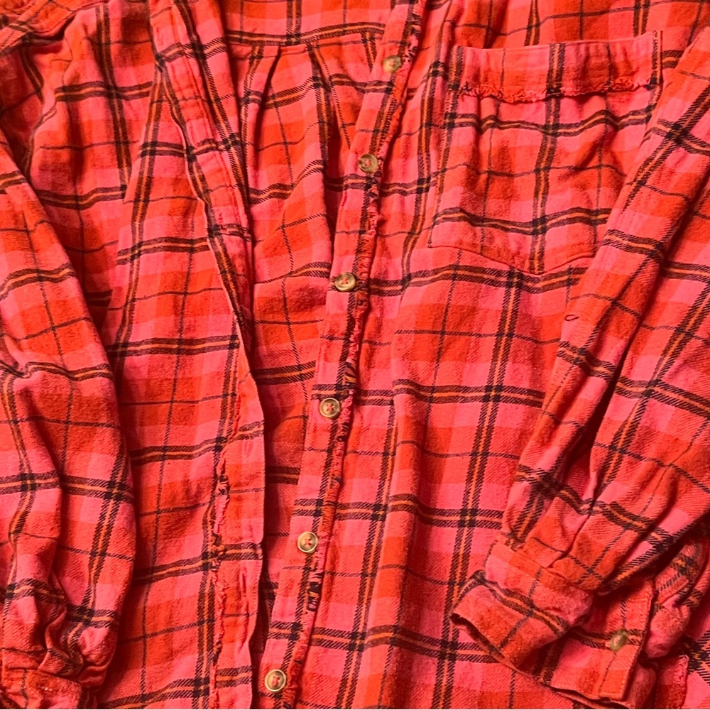 Women’s Free People We The Free Happy Hour Plaid Long Sleeve Flannel Shirt Pink - Picture 2 of 3